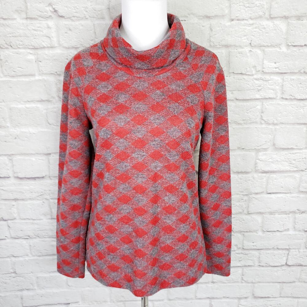 Vintage 70s KoKo Knits Red & Gray Diamond Check Cowl Neck Sweater Size S